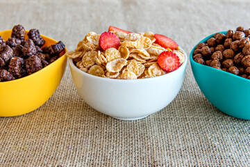 Cornflakes set. Cereals for breakfast. Cornflakes with strawberry.