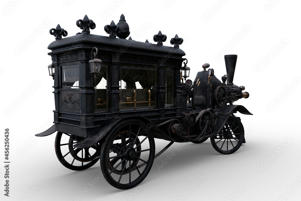 Poster rear perspective view 3d rendering of a steampunk halloween concept steam powered hearse isolated on