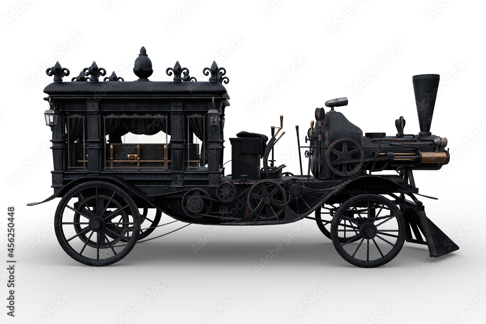 Poster side view 3d rendering of a steampunk halloween concept steam powered hearse isolated on a white bac