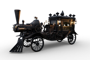 3D rendering of a Steampunk Halloween concept steam powered hearse with lanterns and candles lit isolated on a white background. - obrazy, fototapety, plakaty