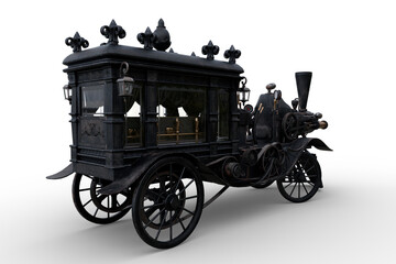 Rear perspective view 3D rendering of a Steampunk Halloween concept steam powered hearse isolated on a white background. - obrazy, fototapety, plakaty