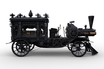Side view 3D rendering of a Steampunk Halloween concept steam powered hearse isolated on a white background. - obrazy, fototapety, plakaty