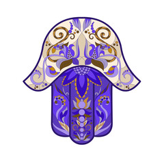 A traditional oriental or Indian amulet is a symbol of good luck and happiness Hamsa, the hand of David, with stained glass or mosaic ornaments in blue and purple. Isolated vector illustration