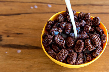 Pouring milk into chocolate cornflakes balls Breakfast with milk and cornflakes.
