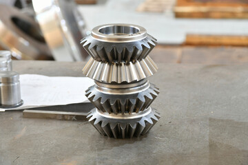 Helical bevel gear in stock after manufacture.