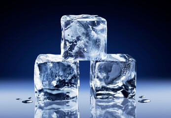 Three ice cubes stacked on top of each other in the form of a pyramid isolated on a blue background.