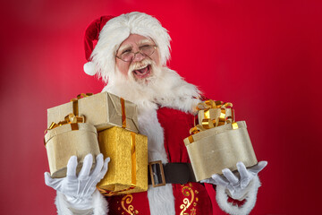 Emotional senior male model old man with a natural white beard in the role of Father Christmas