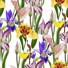 Seamless pattern with hand drawn yellow tigridia, tulips and irys flowers on white background. - obrazy, fototapety, plakaty
