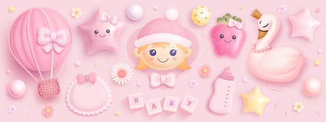Hand drawn baby girl shower set. Realistic vector illustration of cartoon baby girl, hot air balloon, helium balloons, toys and flowers isolated on pink background