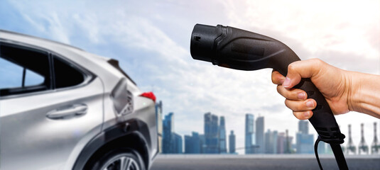 EV charging station for electric car in concept of green energy and eco power produced from...