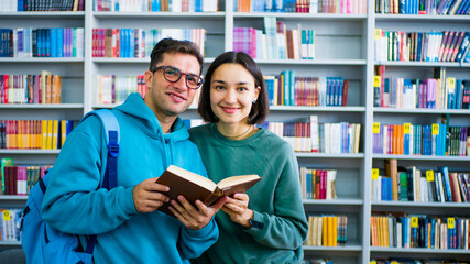 A young millennial student with glasses and a young attractive woman student are reading a book,...