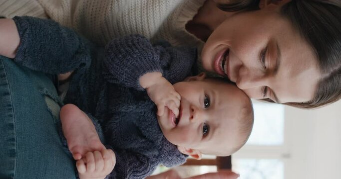 Happy Mom And Baby Having Video Chat Using Smartphone Mom Sharing Motherhood Lifestyle Holding Toddler Chatting With Family On Vertical Screen Pov