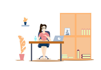 Concept lifestyle quarantine, relax time. woman sitting on the table reading a book  with a notebook placed next to it. Vector flat style. Illustration for content book reading, happiness, studying 