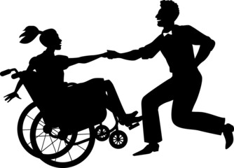 Young handicapped woman in a wheelchair dancing lindy hop or swing with a partner, EPS 8 vector silhouette, no white objects - obrazy, fototapety, plakaty