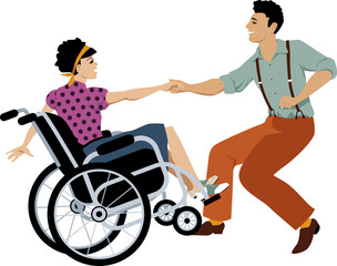 Young handicapped woman in a wheelchair dancing lindy hop or swing with an able-bodied partner, EPS 8 vector illustration - obrazy, fototapety, plakaty