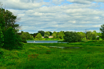 A country house in the Islands of Boucherville national park at the bank of Lawrence (Laurent) River, Montreal, QC on a cloudy summer day. The trees and grass on the river banks
