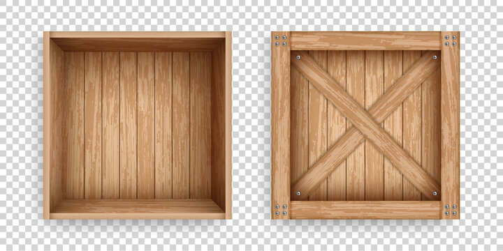 Open and closed containers of old planks. Realistic wooden crates for storage, transportation and delivery design. Cargo boxes mockup template.