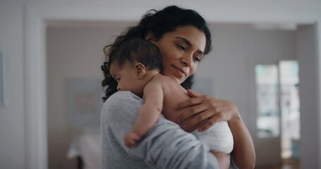 happy mother holding baby calming her newborn child mom gently soothing infant enjoying nurturing motherhood at home 4k - Powered by Adobe