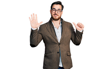 Young hispanic man wearing business jacket and glasses showing and pointing up with fingers number six while smiling confident and happy.