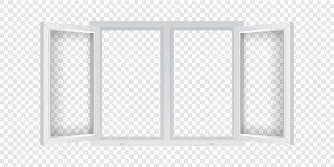 Double PVC window mockup template. Realistic plastic window with open casements. Windowpane frame with transparent glass for outdoor interior design.