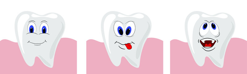 Set of cute cartoon tooth. Dental care concept. Vector Illustration isolated on white background.