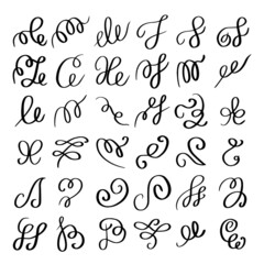 Set of hand drawn calligraphic flourish elements. Decorative black ink swirls collection.