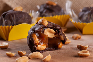 A type of brigadeiro called Charge, with dulce de leche and peanuts. Party candy.