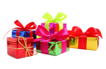 Five various glossy gift wrapped presents isolated on white