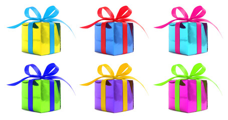 Set of six various color glossy gift wrapped presents, isolated on white