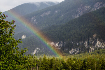Beautiful view of a rainbow over green plants and green mountains ion the horizon