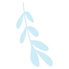 Hand drawn abstract blue branch with leaves isolated. Floral element. Cartoon style. Summer, spring or autumn. Nature and ecology. For post cards, posters, social media, textile, prints, wallpaper