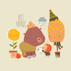 Obraz premium Cute Girl giving a Cup of Tea to a Sick Bear