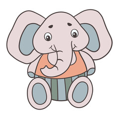 A toy elephant in a t-shirt and pants
