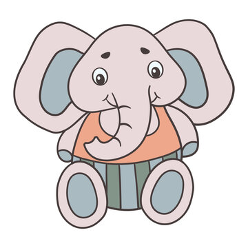A toy elephant in a t-shirt and pants