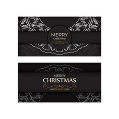 Greeting card Happy New Year and Merry Christmas in black color with white ornament.