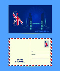 London postcard Template. A postcard and an envelope. UK. London. Map of UK in the form of the country's flag. 