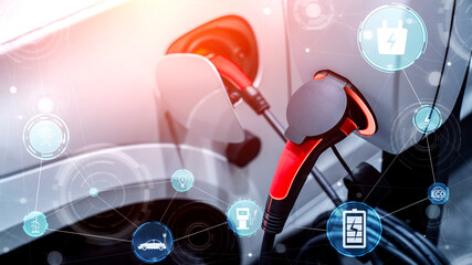 EV charging station for electric car in concept of alternative green energy produced from...