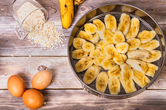 homemade banana cake with oatmeal, fruti and eggs
