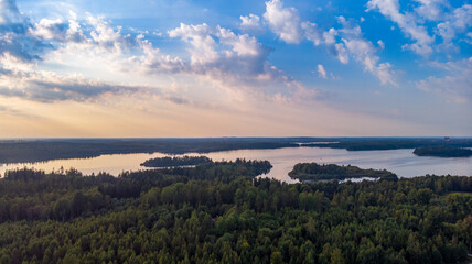 Fototapeta na wymiar Sunset over the lake, drone view