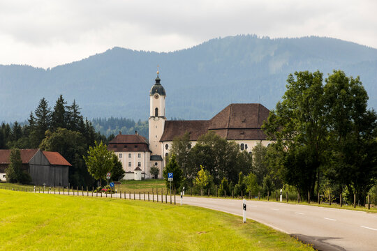 The Pilgrimage Church of Wies (Wieskirche), an oval rococo church located in the foothills of the Alps, Bavaria, Germany. A World Heritage Site since 1983