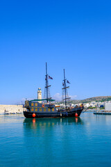 Black ship on the Greece sea. Turistic ship in Greece
