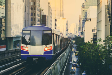 Naklejka premium BTS sky train hight speed for people travelling in capital city Bangkok, Thailand