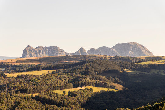 La Aparecida, Spain. Views of Pico Reluso or Relux (783 m), El Mazo (823 m), Pico de Ilsa (625 m) and Pena del Moro (821) from the Shrine of La Bien Aparecida
