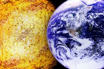 Planetas e sistema solar, simulação utópica e abstrata. Planeta Terra e Sol, mera representação. © Luiz Leite