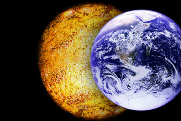 Planetas e sistema solar, simulação utópica e abstrata. Planeta Terra e Sol, mera representação. © Luiz Leite