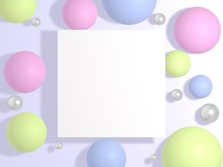 カラフルな丸いボール柄の薄紫背景の中に白背景のフレーム