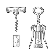 Wing corkscrew, basic corkscrew and cork.