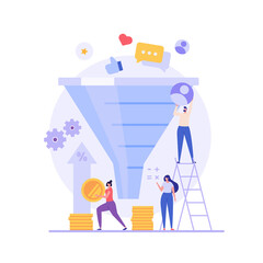 Marketing team earning money and generating leads. Increasing rates with sales funnel. Concept of monetization, earn money online, lead generation. Vector illustration in flat for web UI design