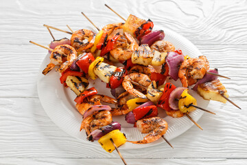 Shrimp Kabobs with charred veggies and pineapple