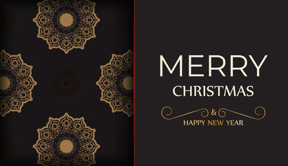 Poster Happy New Year and Merry Christmas in black color with winter ornament.